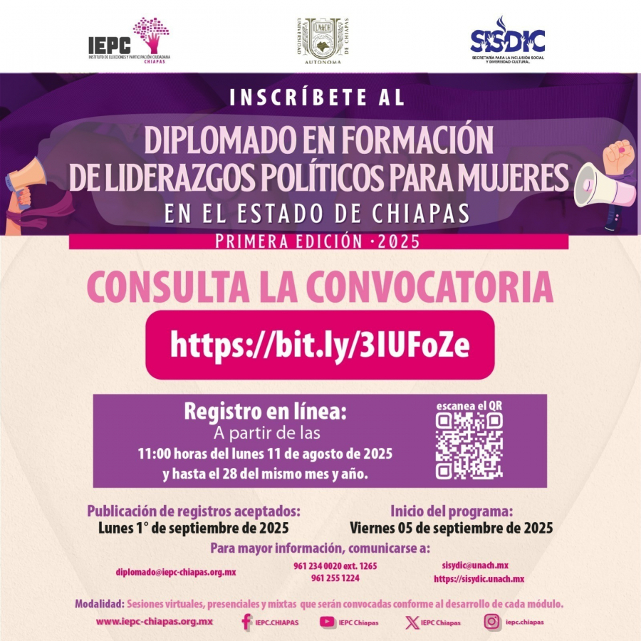 Convocatoria para el Diplomado en Formación de Liderazgos Políticos para Mujeres en el Estado de Chiapas